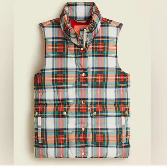 J Crew Puffer Vest Primaloft in Snowy white Stewart Red Green Taran Plaid Size S - Picture 3 of 5